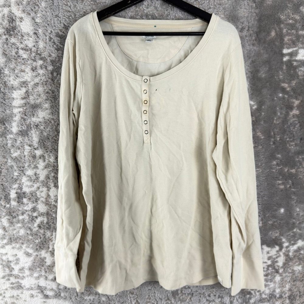 L.L.Bean Plus Size 2X Waffle Knit Henley Thermal Shirt Cream Long Sleeve Women